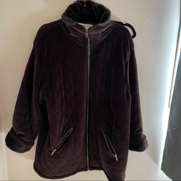 🎀 Jones New York Sport Dark Choc Brown Quilted Velvet Coat, Faux Fur Collar - Picture 3 of 12